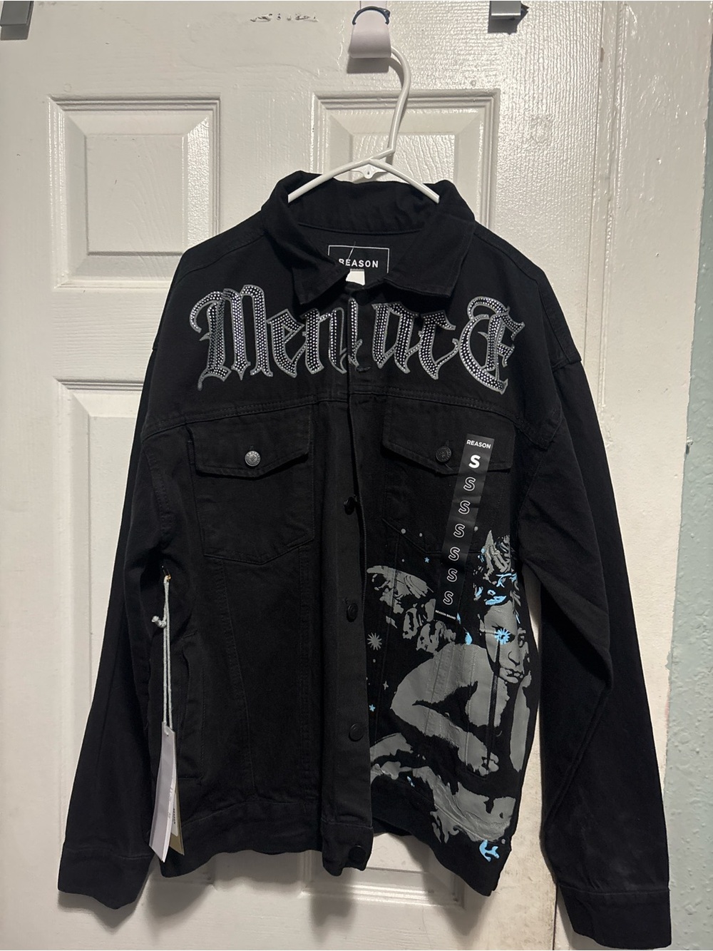 REASON Black Graphic Shirt Jacket with Gothic Script
